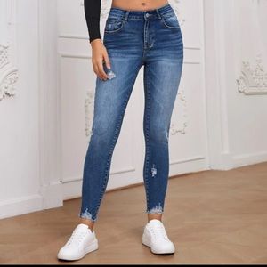 SHEIN High Waist Ripped Raw Hem Skinny Jeans